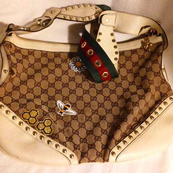 Gucci Tote Bag STUDDED Shoulder Bag RED Green Strap IVORY LEATHER added patch - Picture 12 of 16